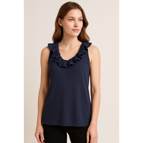 Lauren Ralph Lauren Petite Ruffle Silk Tank Top Navy P/L - Picture 1 of 6
